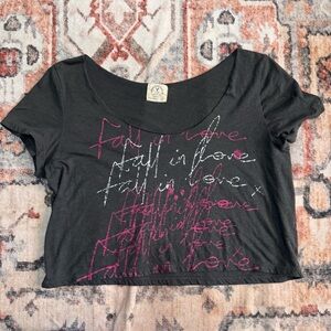American Eagle Outfitters Black Crop Top with Pink and White Text